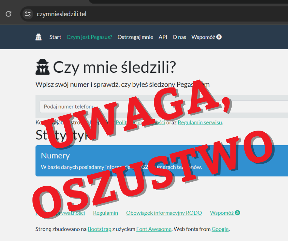 Skrin strony "Czy mnie śledzili?" Na niej napis "uwaga, oszustwo!"