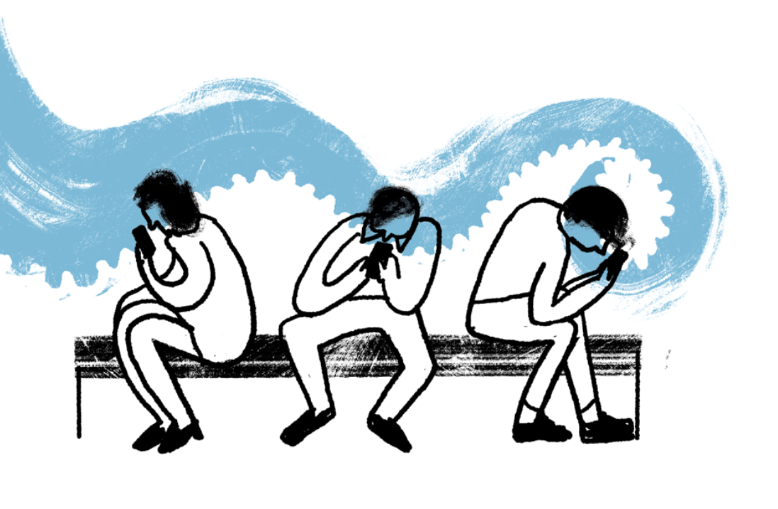 Ludzie wpatrzeni w ekrany siedzą na ławce. Dotyka ich macka ośmiornicy